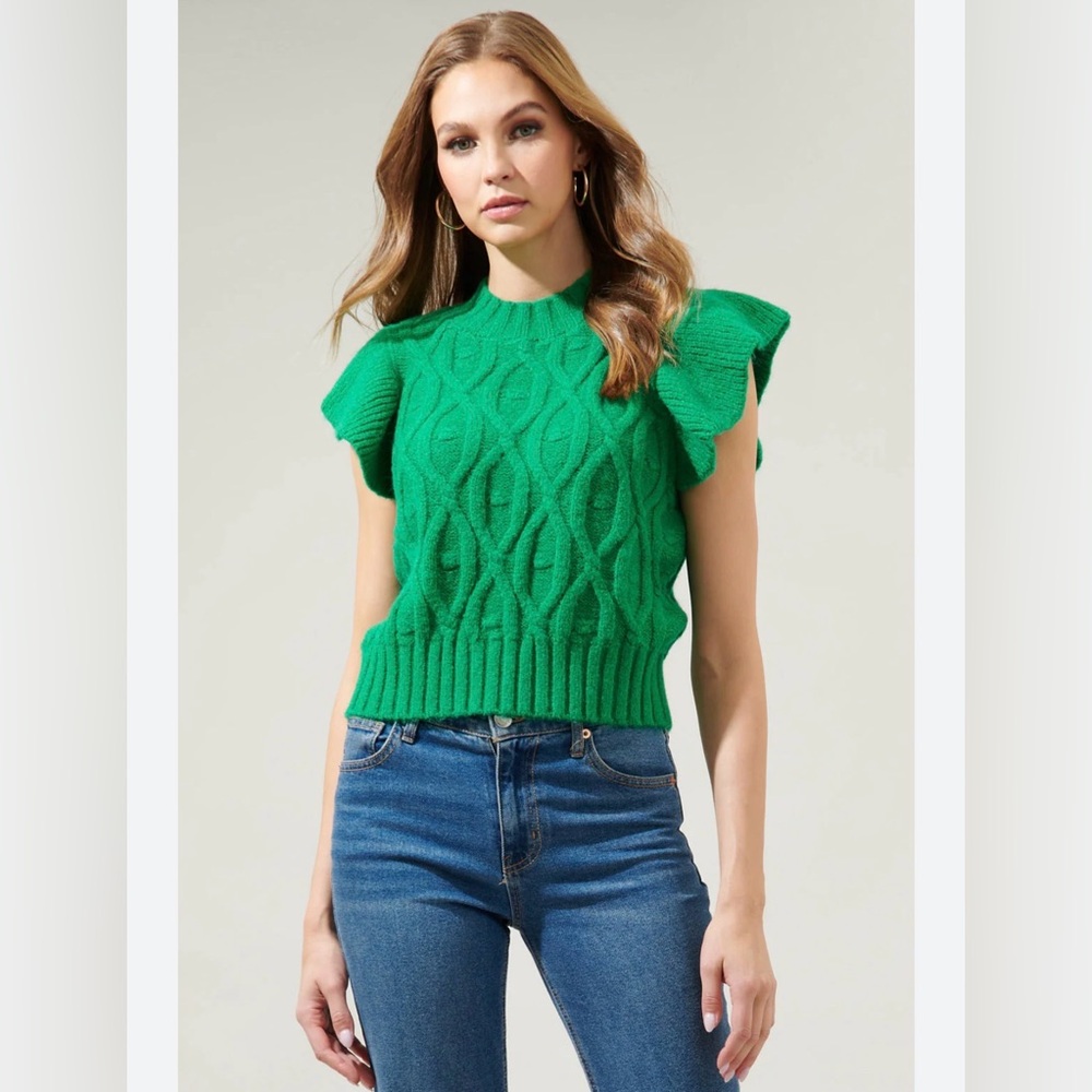 Sugarlips Tatum Flutter Sleeve Cable Knit Green Sweater- L